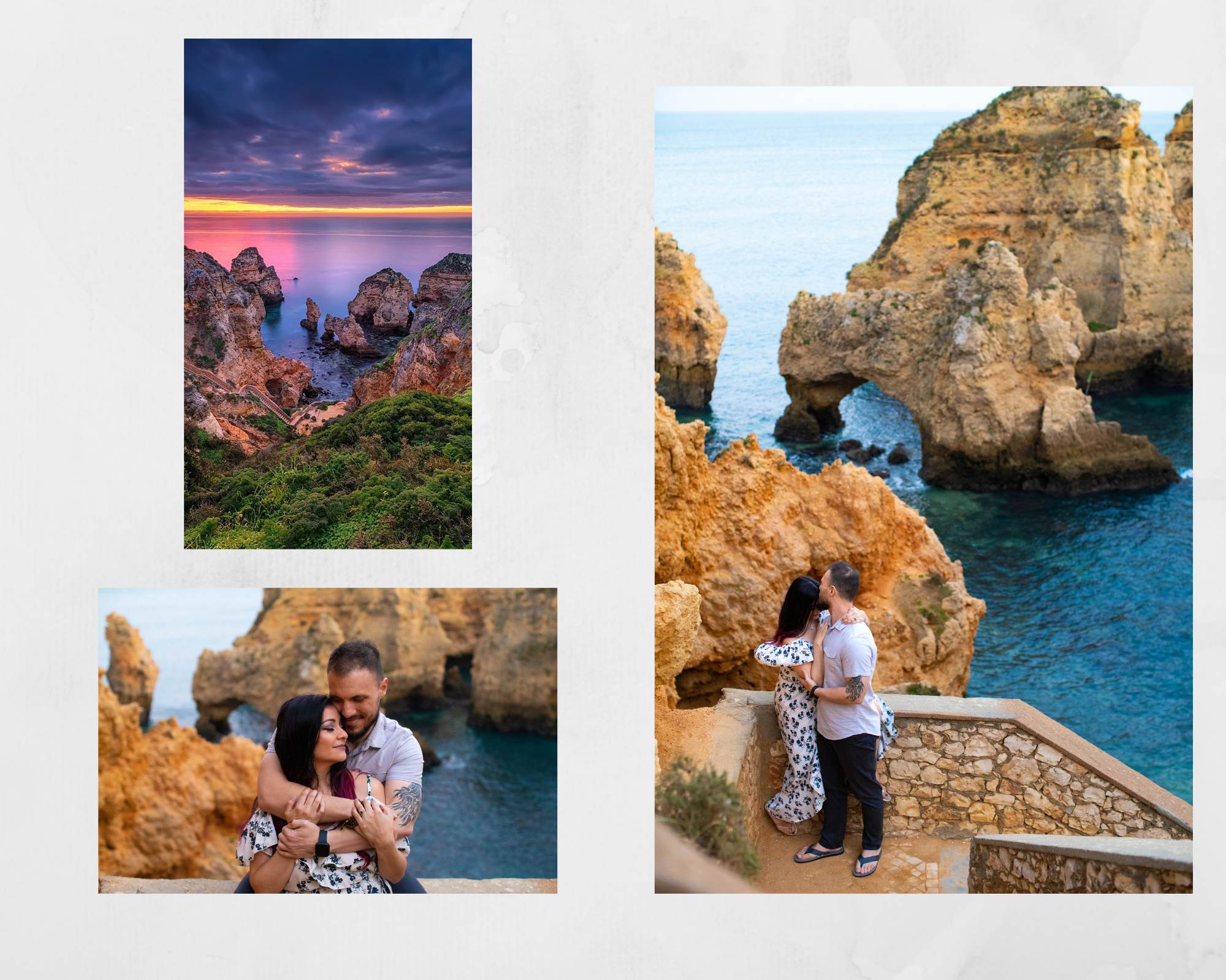 A couple embraces on a stone path overlooking the turquoise sea and rugged cliffs of Ponta da Piedade. Above, a stunning sunset casts vibrant hues over the ocean, enhancing the dramatic landscape.