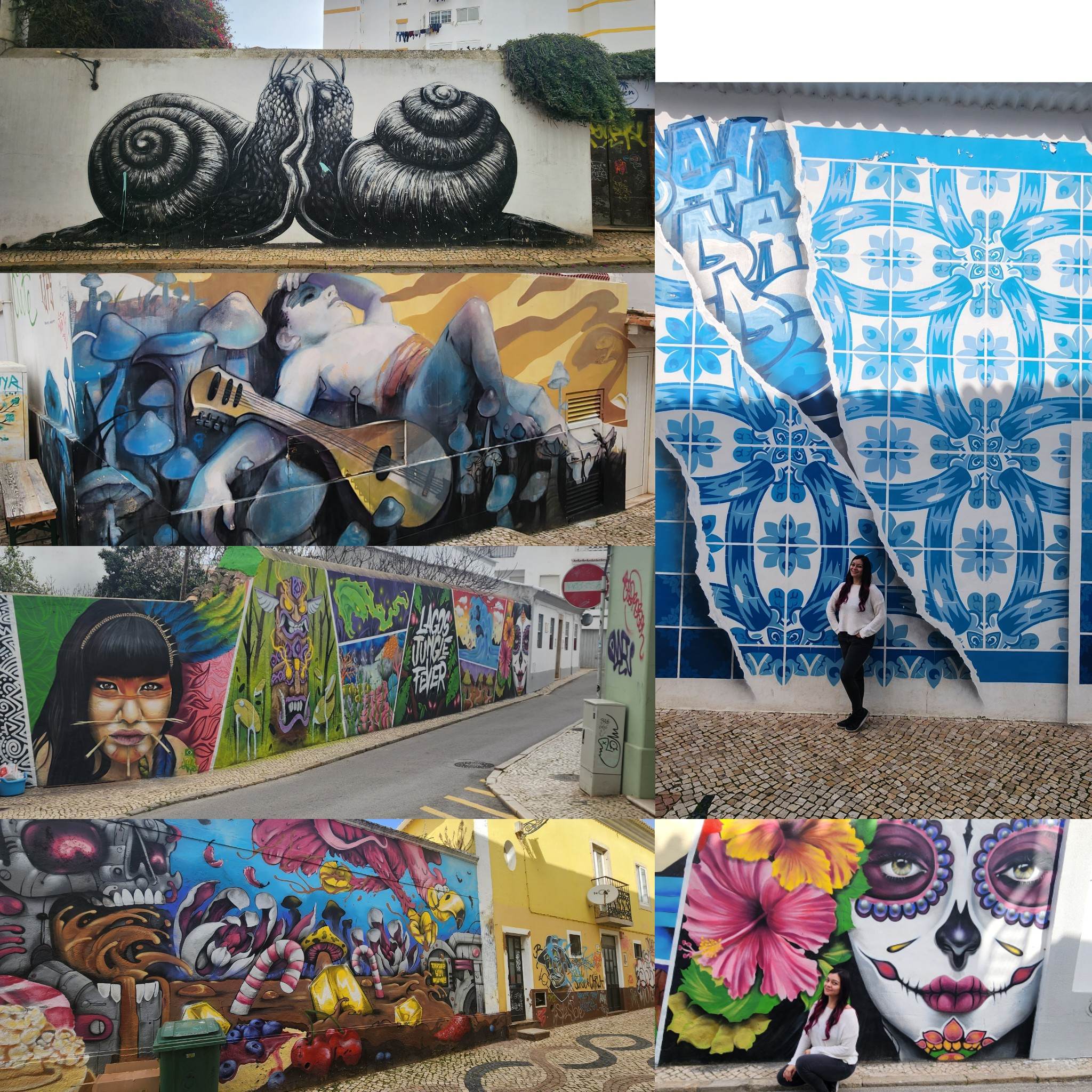 A collage of vibrant street murals features diverse themes: a detailed black snail mural, a dreamlike scene with a person and blue mushrooms, a blue tile design with a woman standing in front, a colorful jungle-themed mural, a whimsical candyland scene, and a striking Day of the Dead face with flowers, where a woman is sitting.