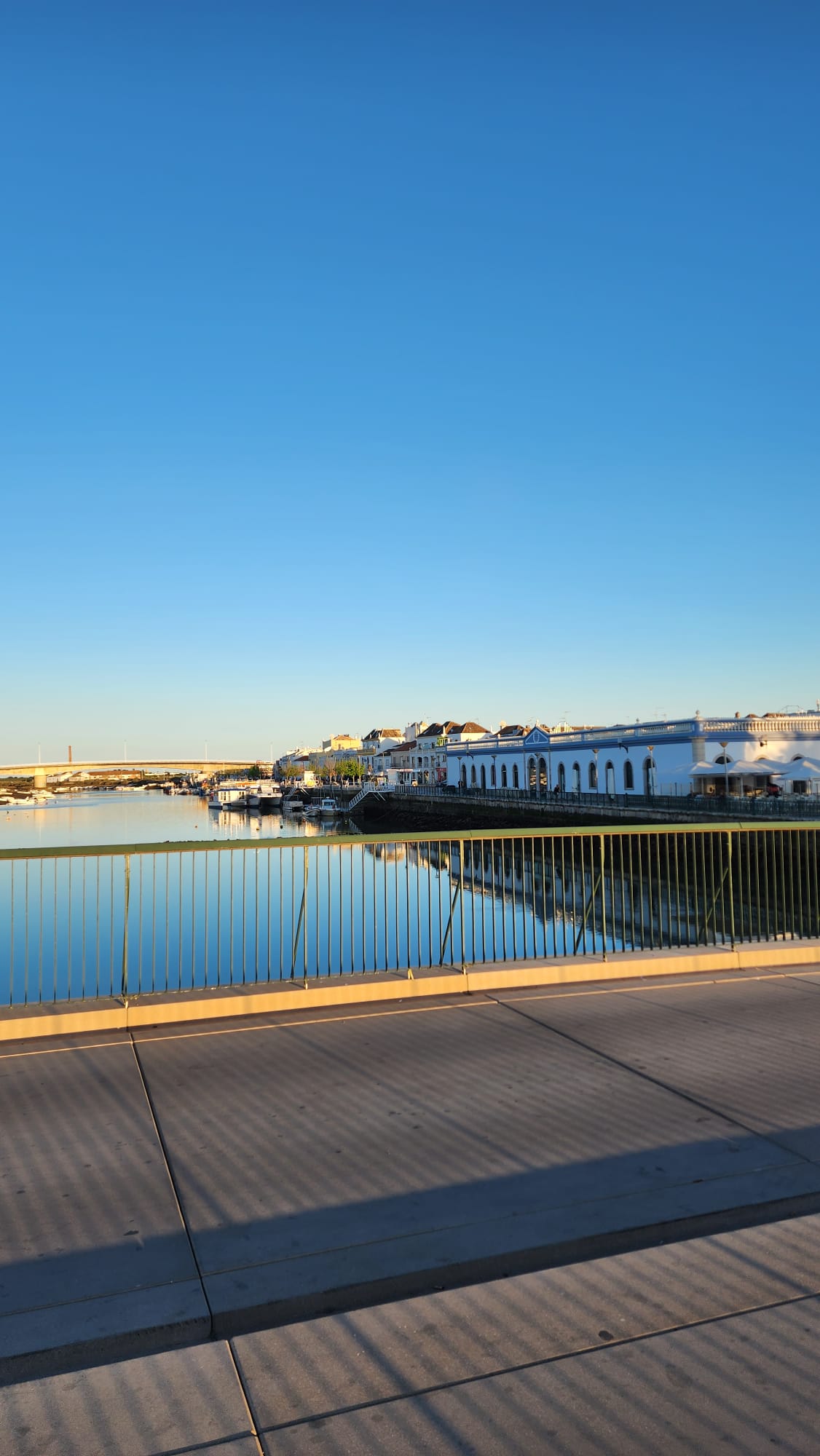 A serene riverside scene with a row of colorful buildings reflecting in the calm water, viewed from behind a metal railing on a sunny day with a clear blue sky.