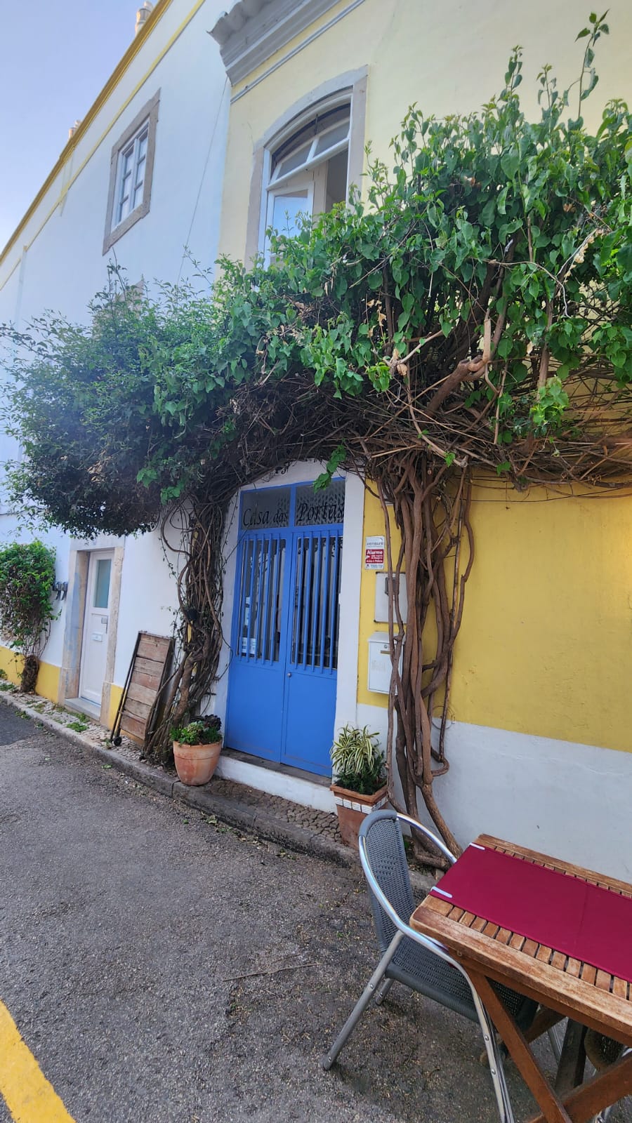 A charming street scene features a vibrant blue door surrounded by lush vines against a yellow and white building. A small wooden table with a red tablecloth and a metal chair sit on the sidewalk, adding to the quaint atmosphere.