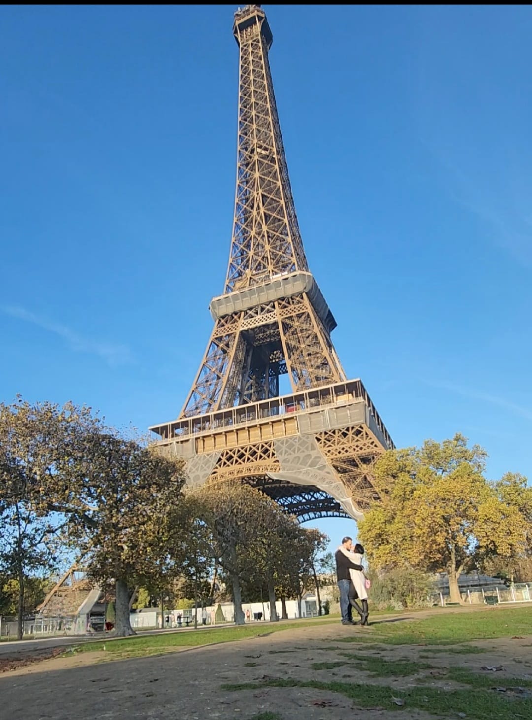 A couple embraces on a grassy area beneath the towering Eiffel Tower, surrounded by trees, under a clear blue sky.