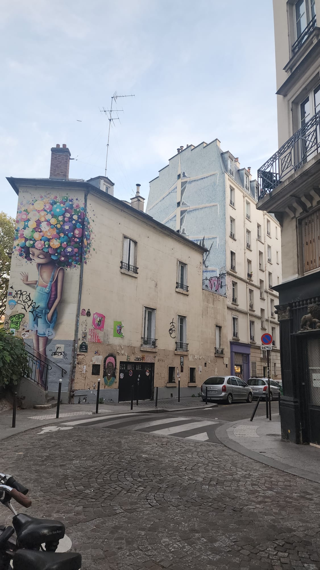 A street corner features a building adorned with vibrant street art of a person with a colorful, flower-like afro and wearing overalls. The cobblestone street is lined with parked cars, and a bicycle is partially visible in the foreground. The scene is framed by classic Parisian architecture under a clear sky.