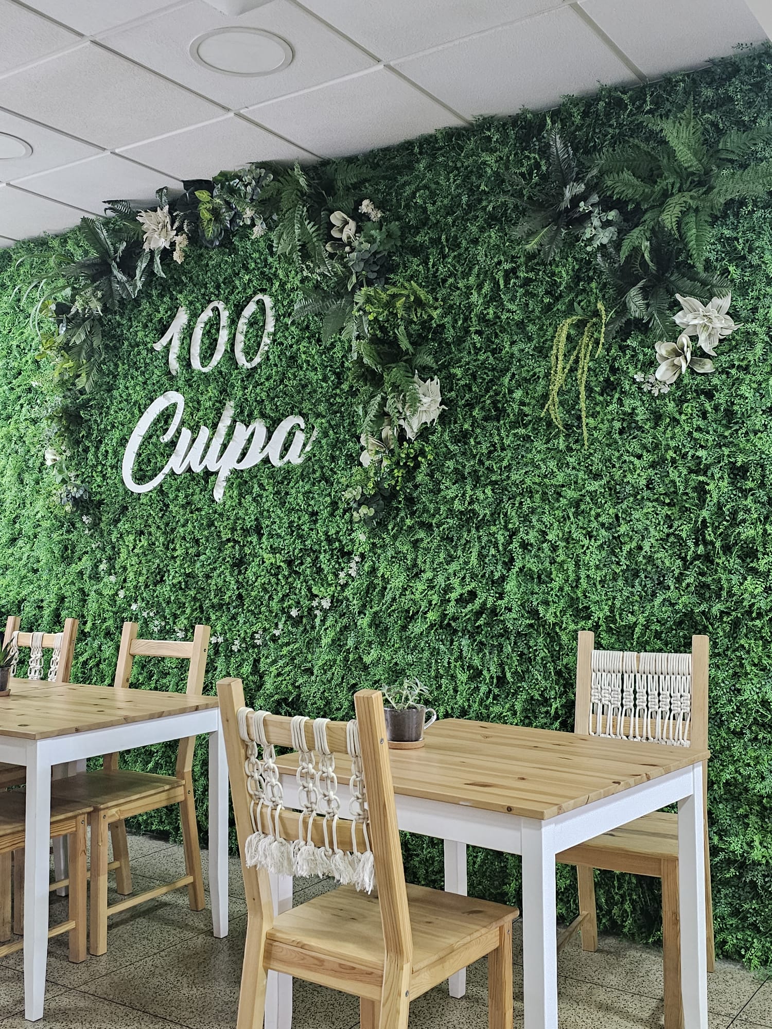 A cozy café setting features a vibrant green wall adorned with lush foliage and white flowers, with the words "100 Culpa" prominently displayed. Wooden tables and chairs, some with intricate woven backrests, add to the inviting atmosphere, while small potted plants serve as charming table centerpieces.