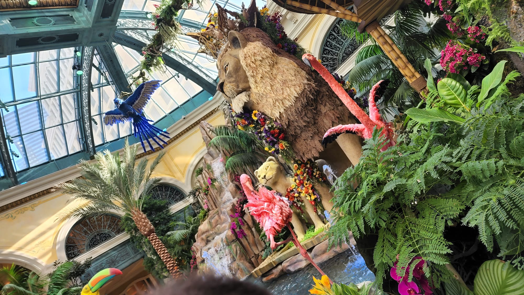 A vibrant indoor display features a large lion sculpture adorned with colorful flowers, surrounded by lush greenery and pink flamingos. A striking blue bird is suspended in flight under a glass dome ceiling, adding to the tropical atmosphere.