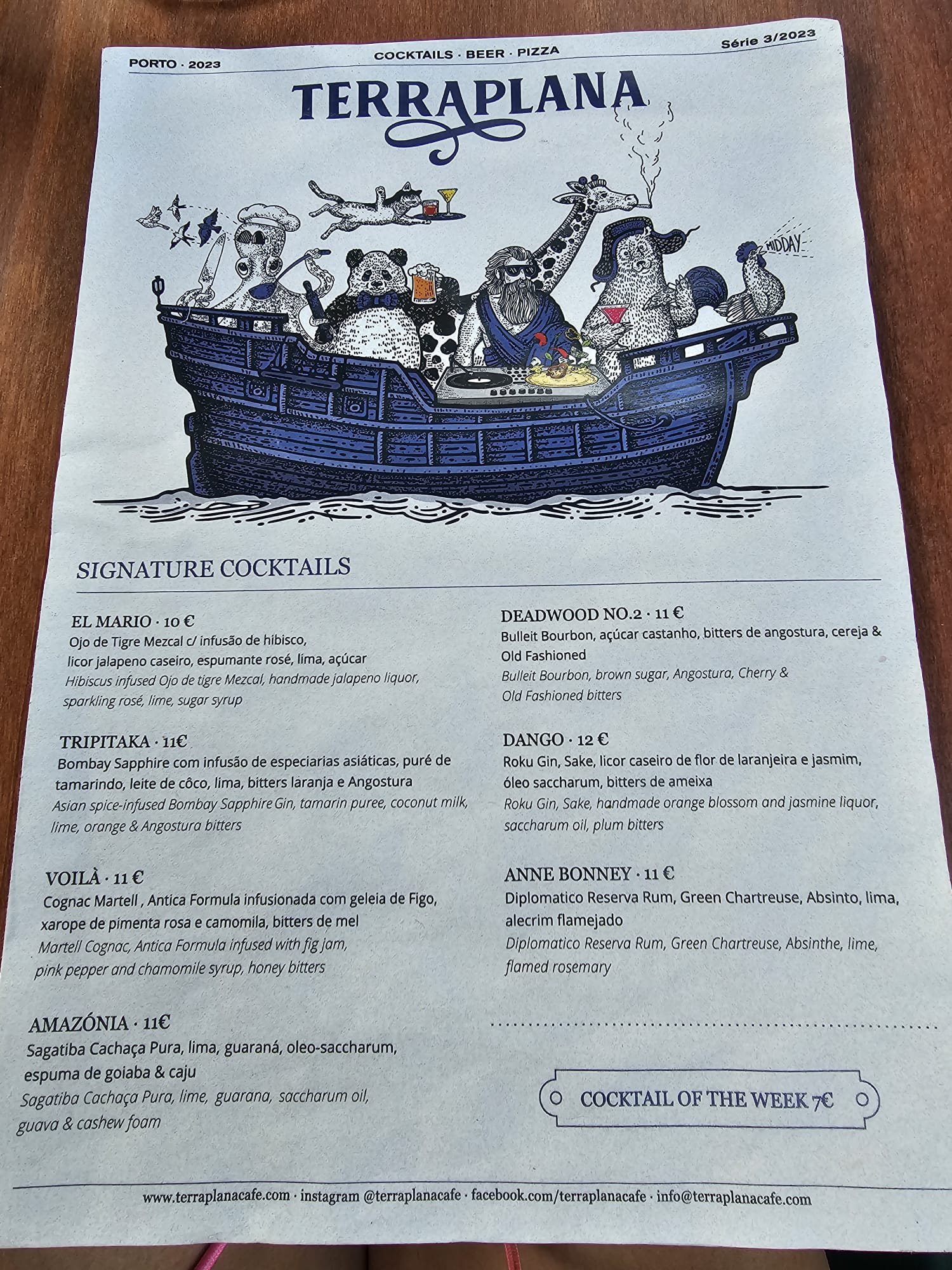 A menu from Terraplana featuring a whimsical illustration of animals and a bearded man in a boat, each holding a drink. The menu lists signature cocktails with names like "El Mario," "Tripitaka," and "Amazônia," along with their ingredients and prices. The setting suggests a focus on cocktails, beer, and pizza.