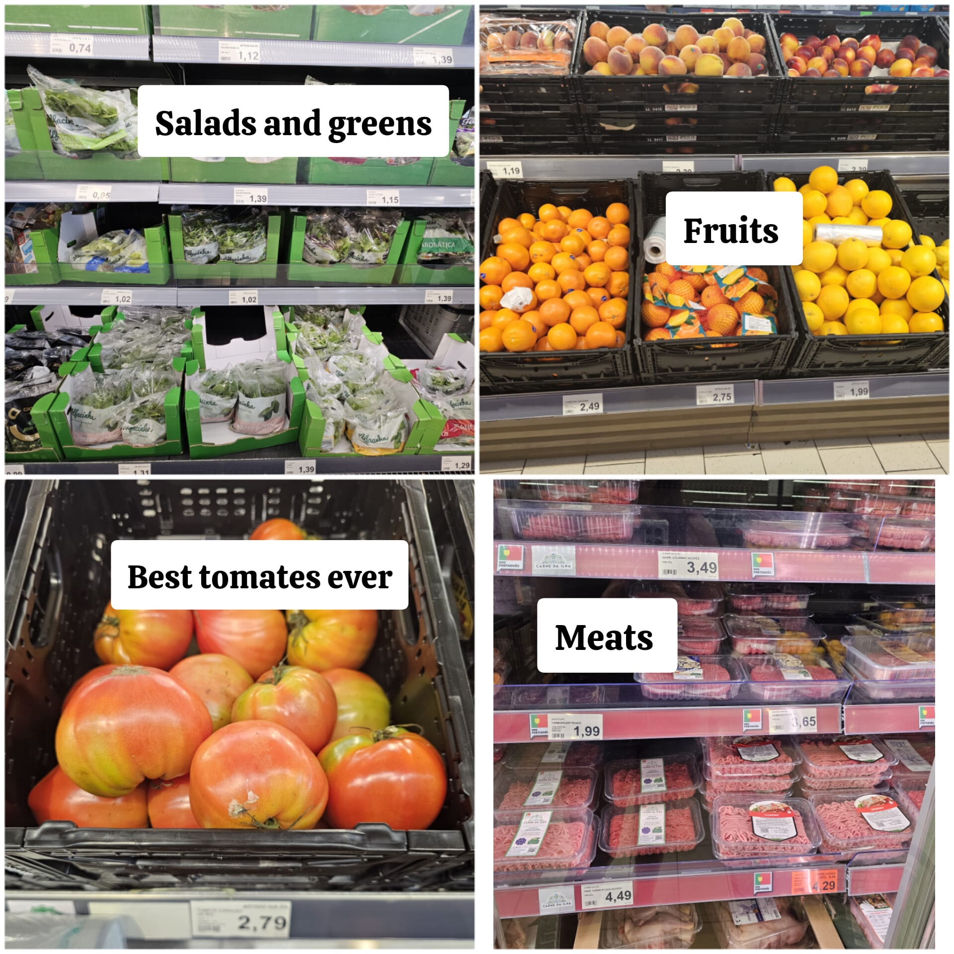 A collage of four supermarket sections: top left shows packaged salads and greens in green crates; top right displays a variety of fruits, including oranges and lemons; bottom left features large, ripe tomatoes labeled as "Best tomatoes ever"; bottom right presents a selection of packaged meats in a refrigerated display.
