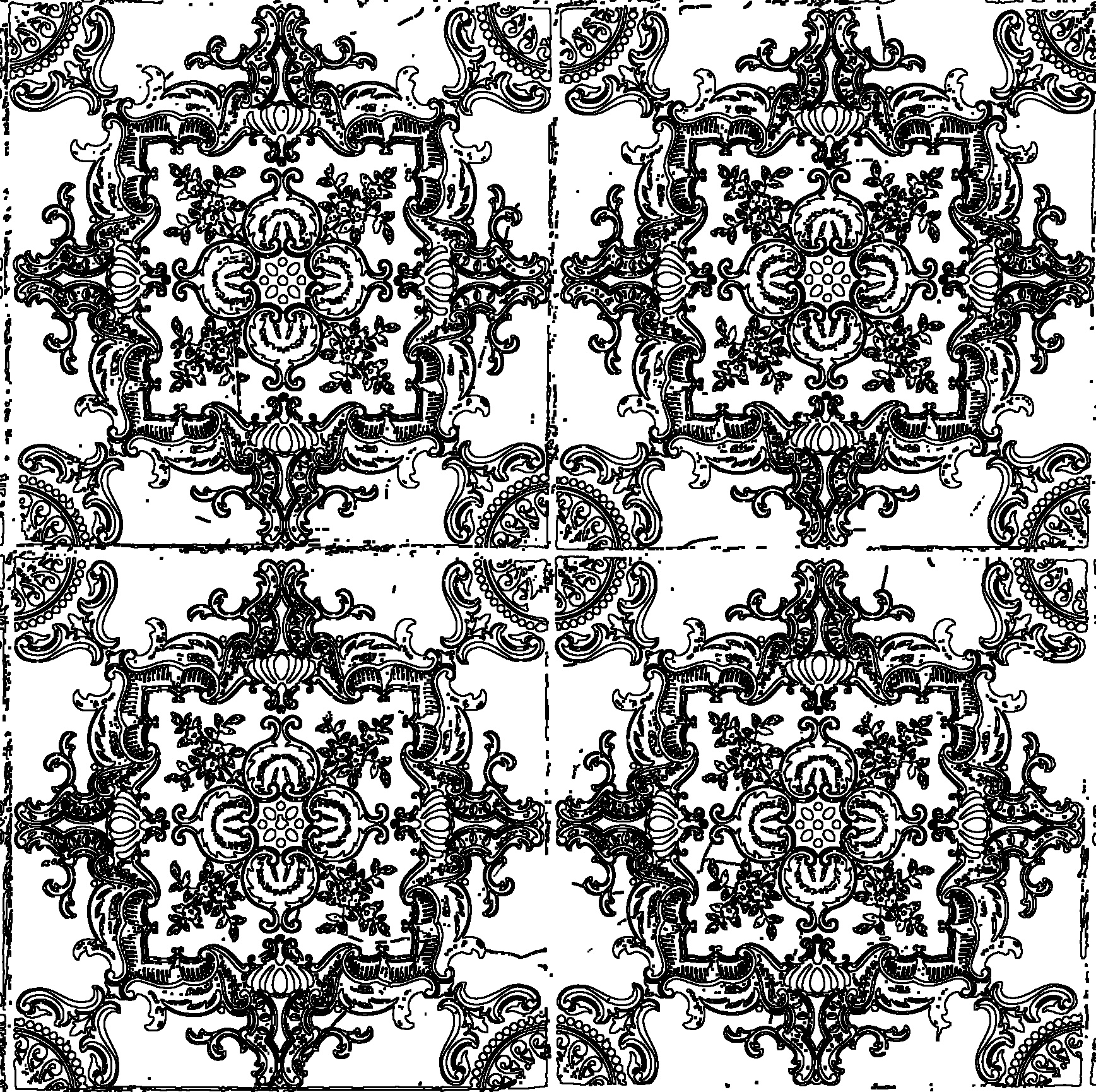 Intricate black and white ornate pattern featuring symmetrical floral and scroll motifs, arranged in a repeating tile design.