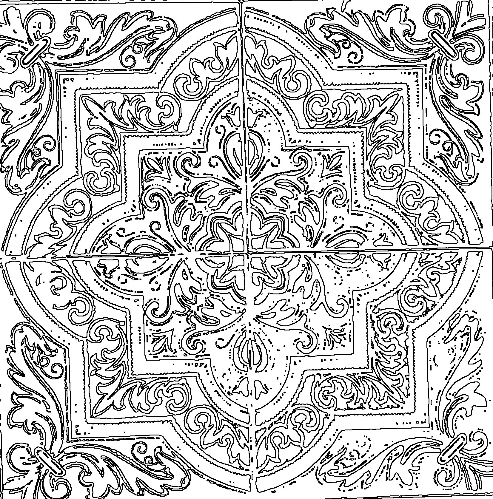 An intricate black and white illustration of a decorative tile design featuring symmetrical floral and leaf patterns. The central motif is a star-like shape surrounded by ornate scrollwork and elaborate detailing, creating a sense of elegance and complexity.