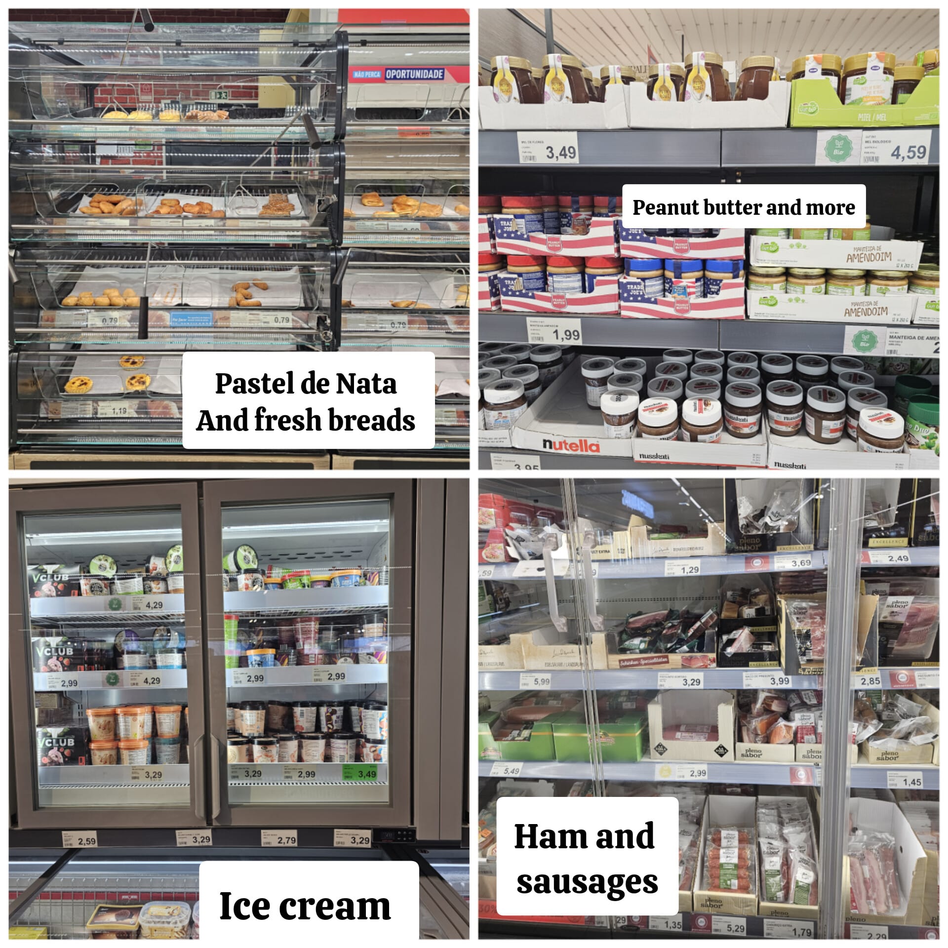 A collage of four supermarket sections: top left shows a bakery display with pastel de nata and various fresh breads; top right features shelves stocked with peanut butter and Nutella jars; bottom left displays a freezer filled with assorted ice cream tubs; bottom right presents a refrigerated section with various packaged ham and sausages.