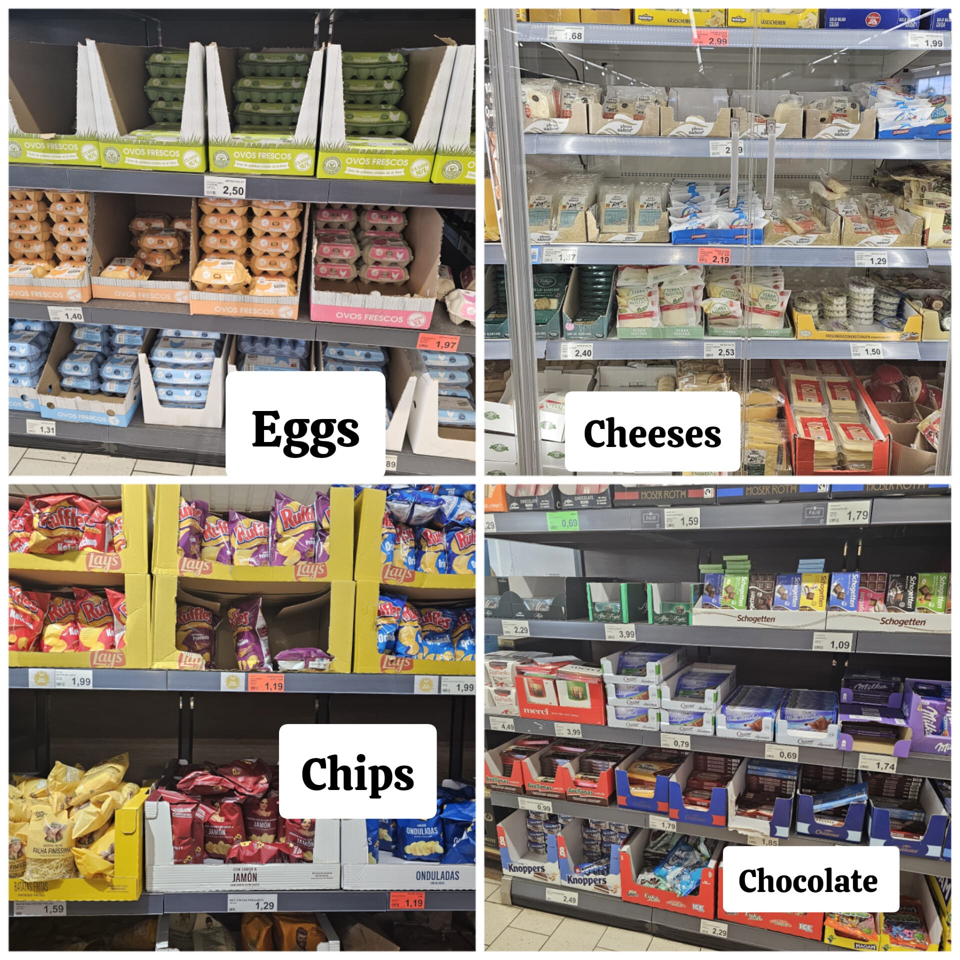 A collage of supermarket shelves labeled by category: "Eggs" shows various cartons of eggs in different colors; "Cheeses" displays assorted packaged cheeses in a refrigerated section; "Chips" features a variety of Lay's and other brands in colorful bags; "Chocolate" presents an assortment of chocolate bars and boxes neatly arranged.