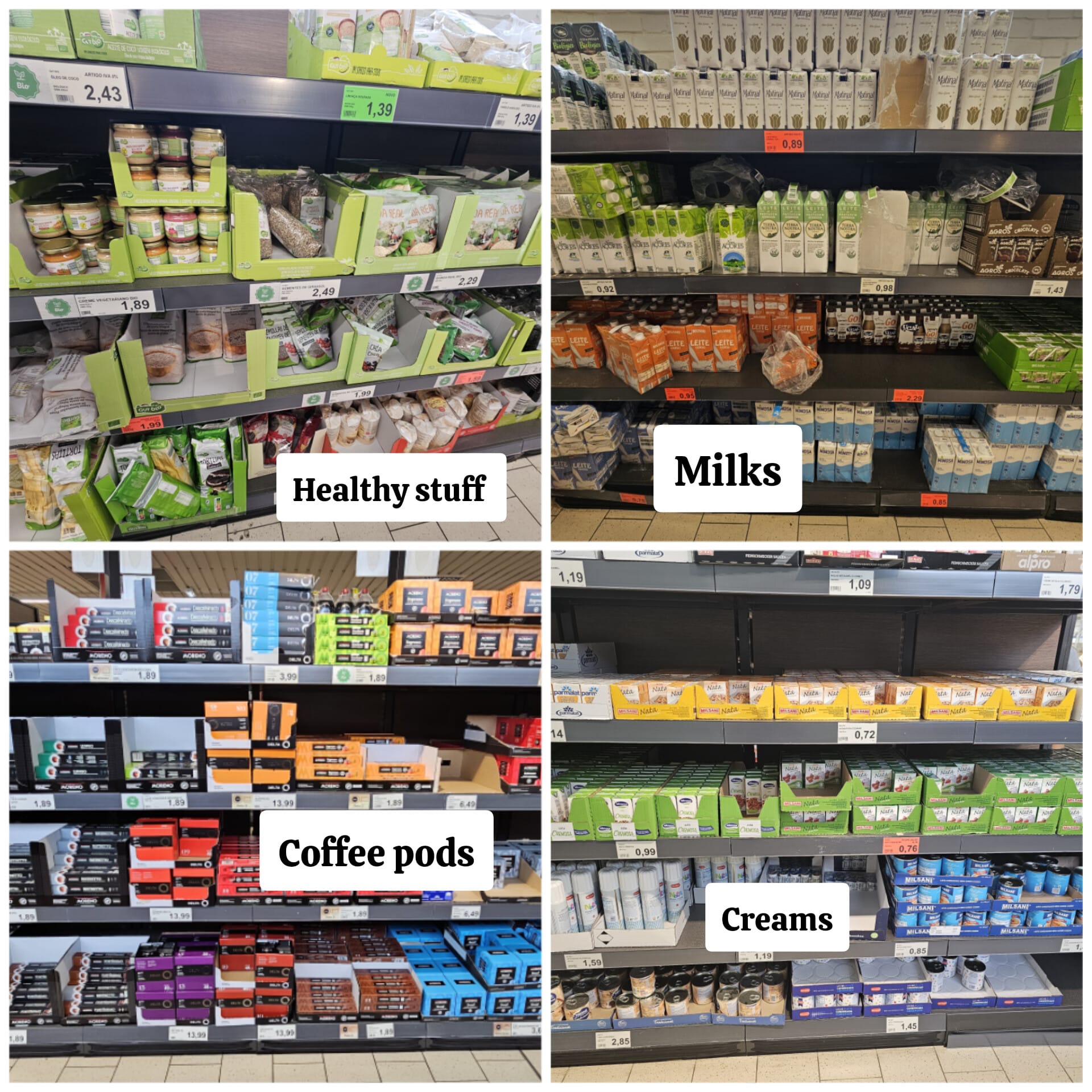 A supermarket shelf displays various products labeled into sections: "Healthy stuff" includes items like packaged snacks and grains in green boxes; "Milks" features a variety of cartons including almond and regular milk; "Coffee pods" shows an assortment of colorful boxes; "Creams" includes different types of cream containers. Prices are visible above each section.