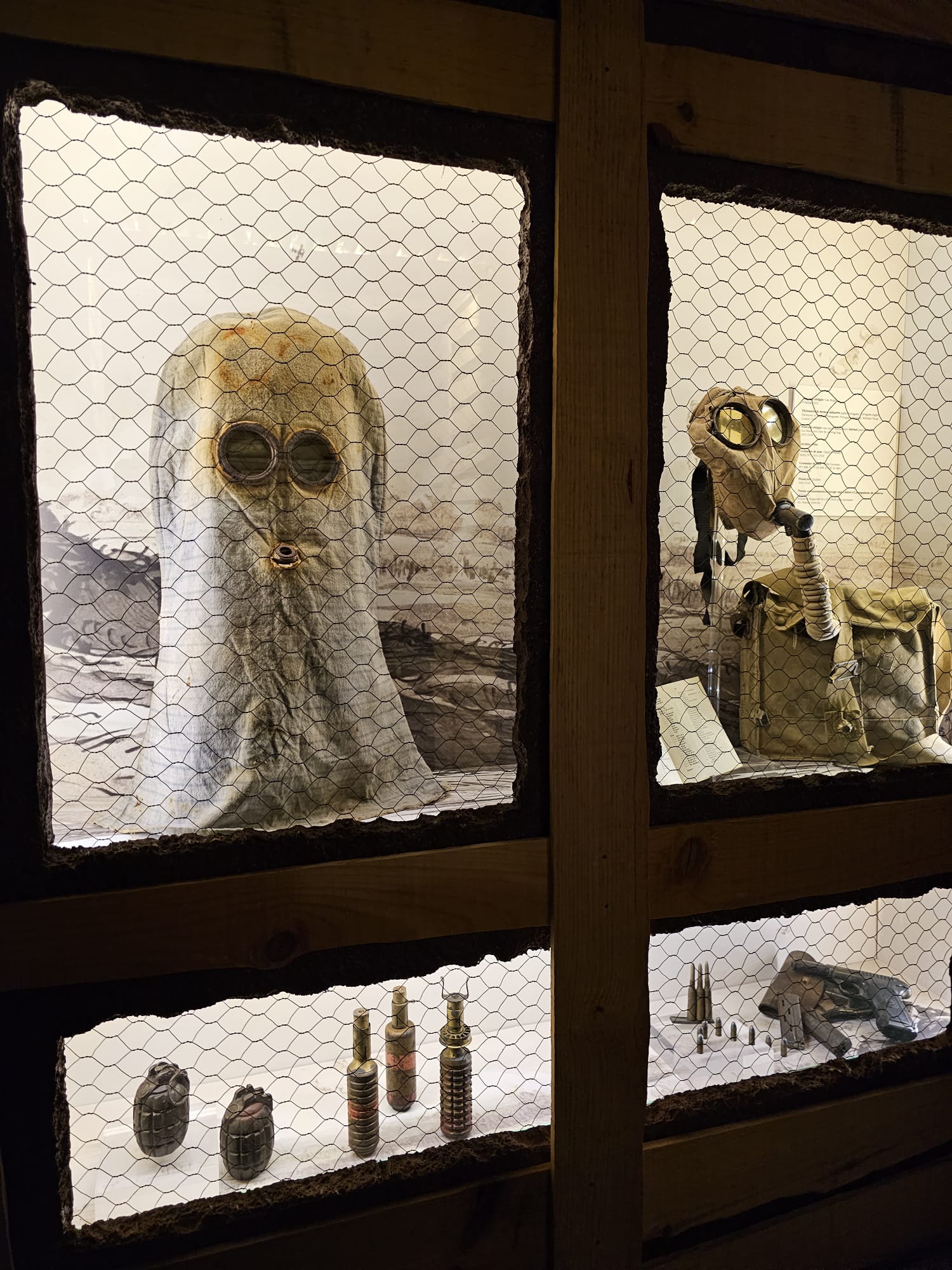 A display case featuring vintage gas masks and military equipment, including grenades and ammunition, is enclosed by a wire mesh. The scene is set against a backdrop of a black-and-white landscape, creating a historical and slightly eerie atmosphere.