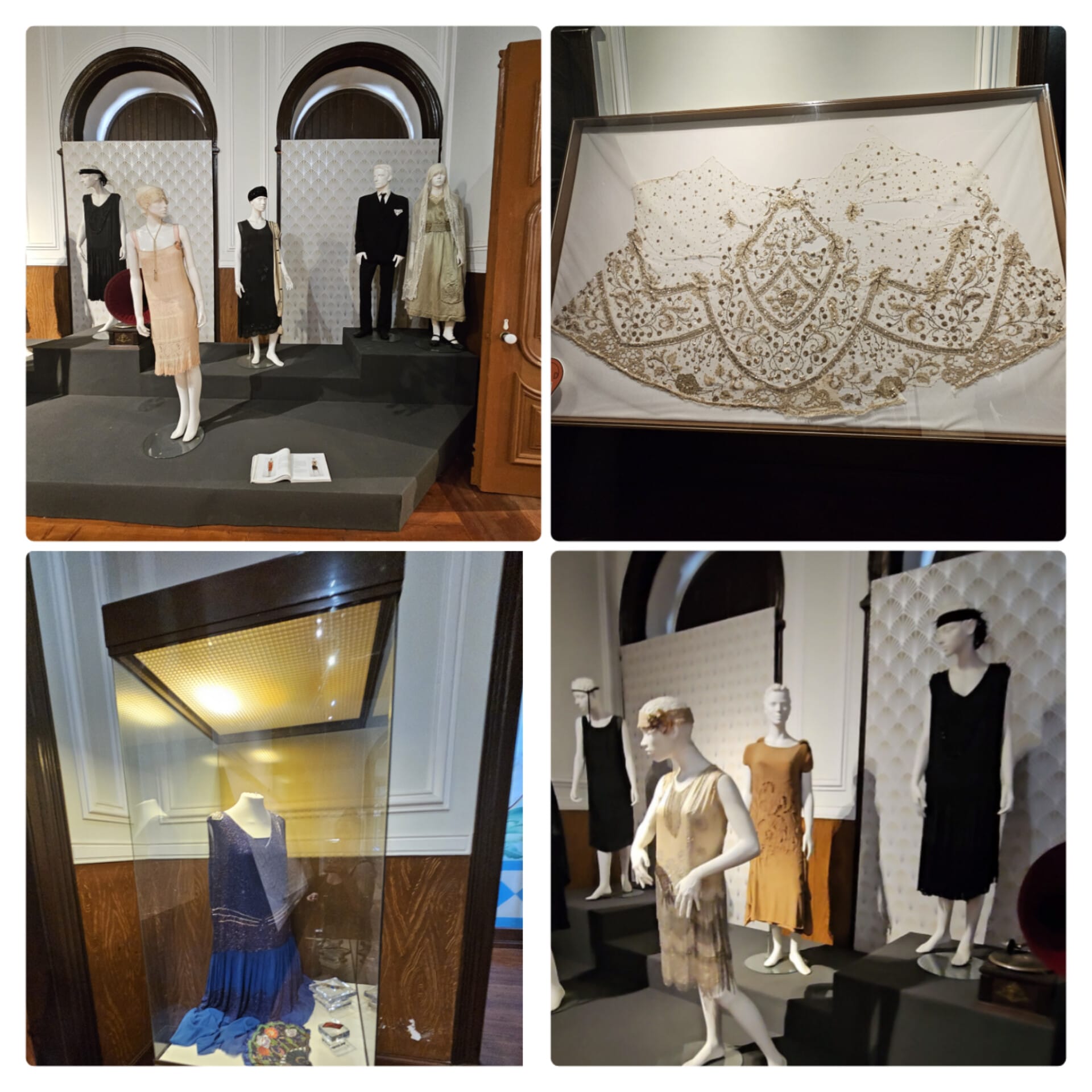 A collage of four images showcasing vintage fashion displays. The top left image features mannequins dressed in 1920s-style outfits, including flapper dresses and a tuxedo, set against a patterned backdrop. The top right image shows an ornate, beaded lace piece framed on a wall. The bottom left image displays a blue beaded dress inside a glass case with accessories. The bottom right image highlights more mannequins in flapper dresses,.