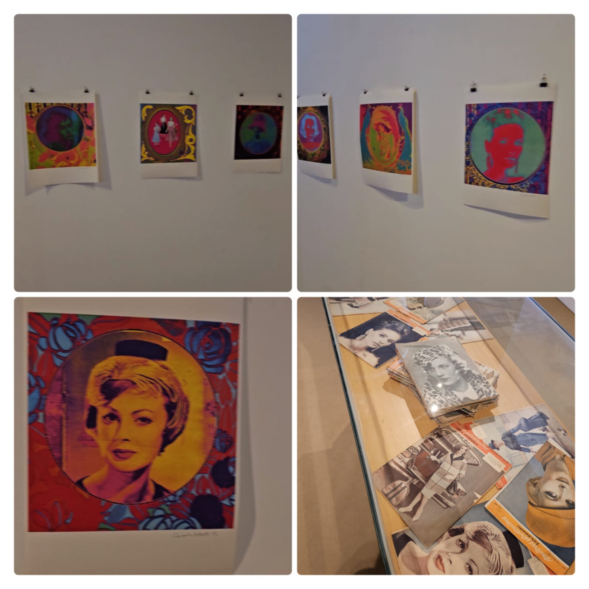 A collage of four images shows a colorful art exhibit. The top two images display a series of vibrant portraits with bold colors and patterns, hung on a white wall. The bottom left image focuses on a single portrait featuring a woman with a retro hairstyle, surrounded by floral designs. The bottom right image shows a glass display case filled with vintage black-and-white photographs and magazine covers featuring various women.