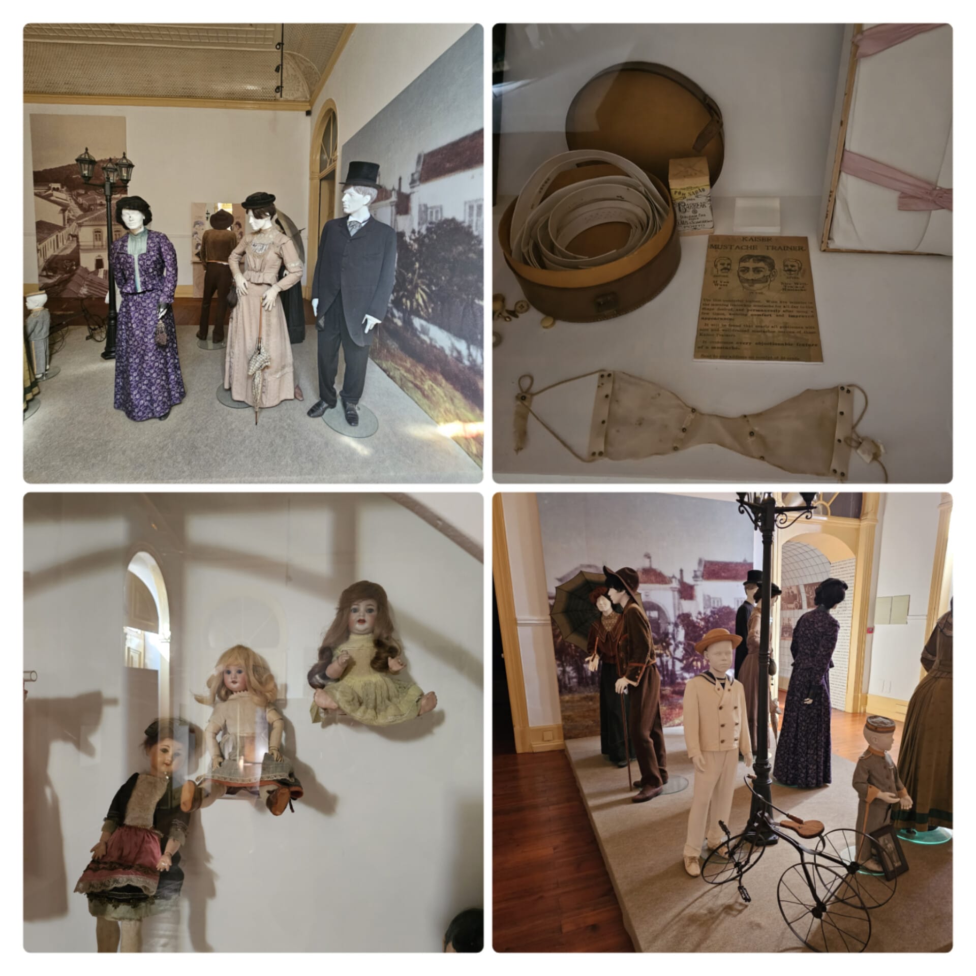 A collage of vintage museum exhibits features mannequins in period clothing, including a man in a top hat and women in long dresses. A display case shows an antique medical device with straps and instructions. Another display includes three old-fashioned dolls with detailed clothing. Lastly, a scene with more mannequins, including a child with a small bicycle, is set against a historical backdrop.