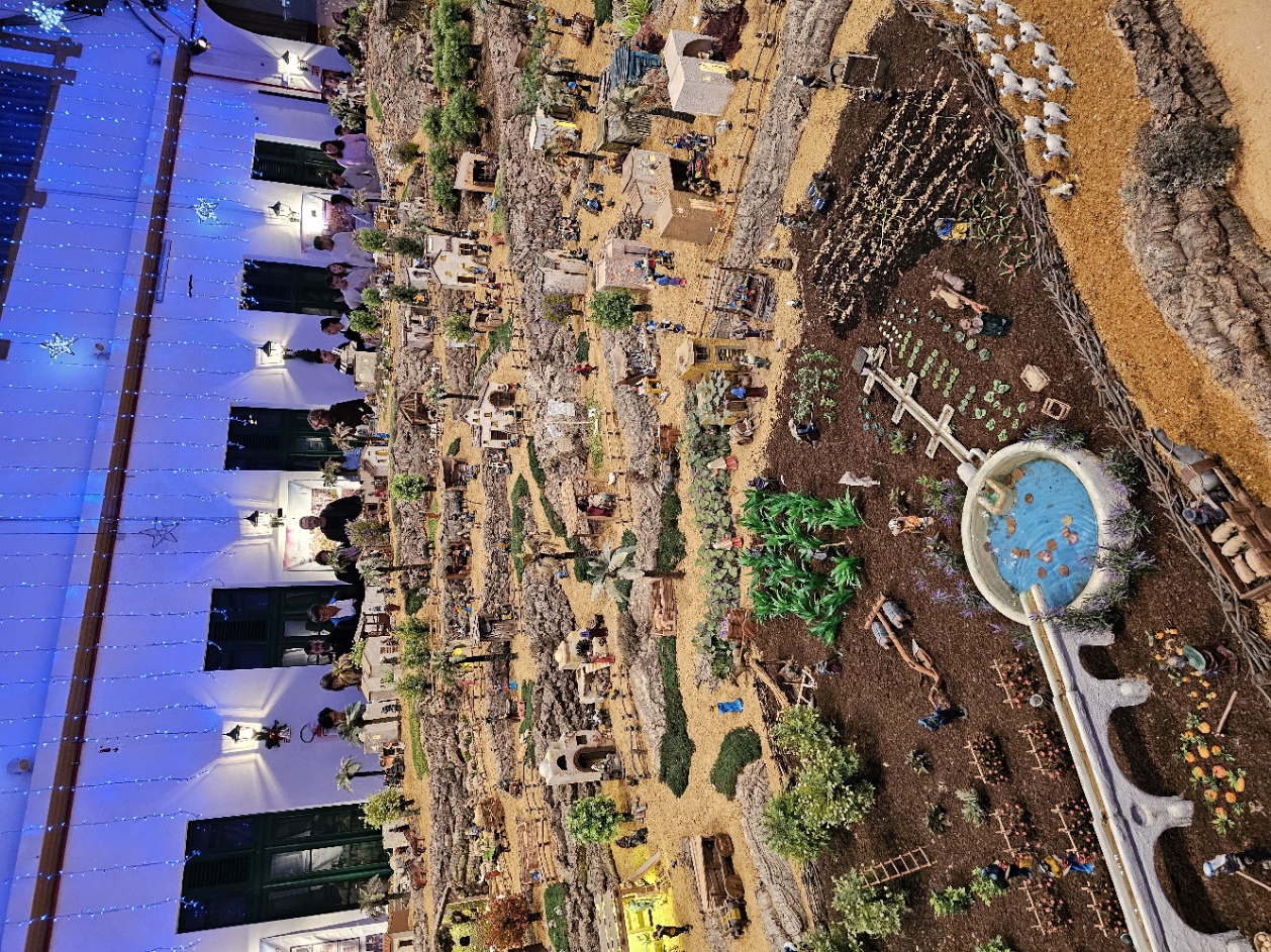 Bird's eye view of the handcrafted nativity scene featuring miniature farms and a pond