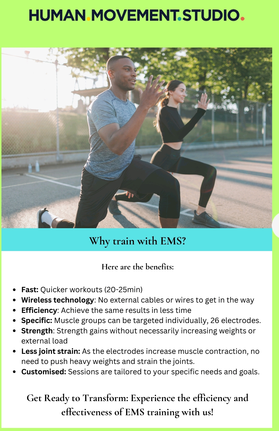 Human Movement Studio promotional graphic explaining the benefits of EMS training including speed, wireless technology, efficiency, and customized sessions