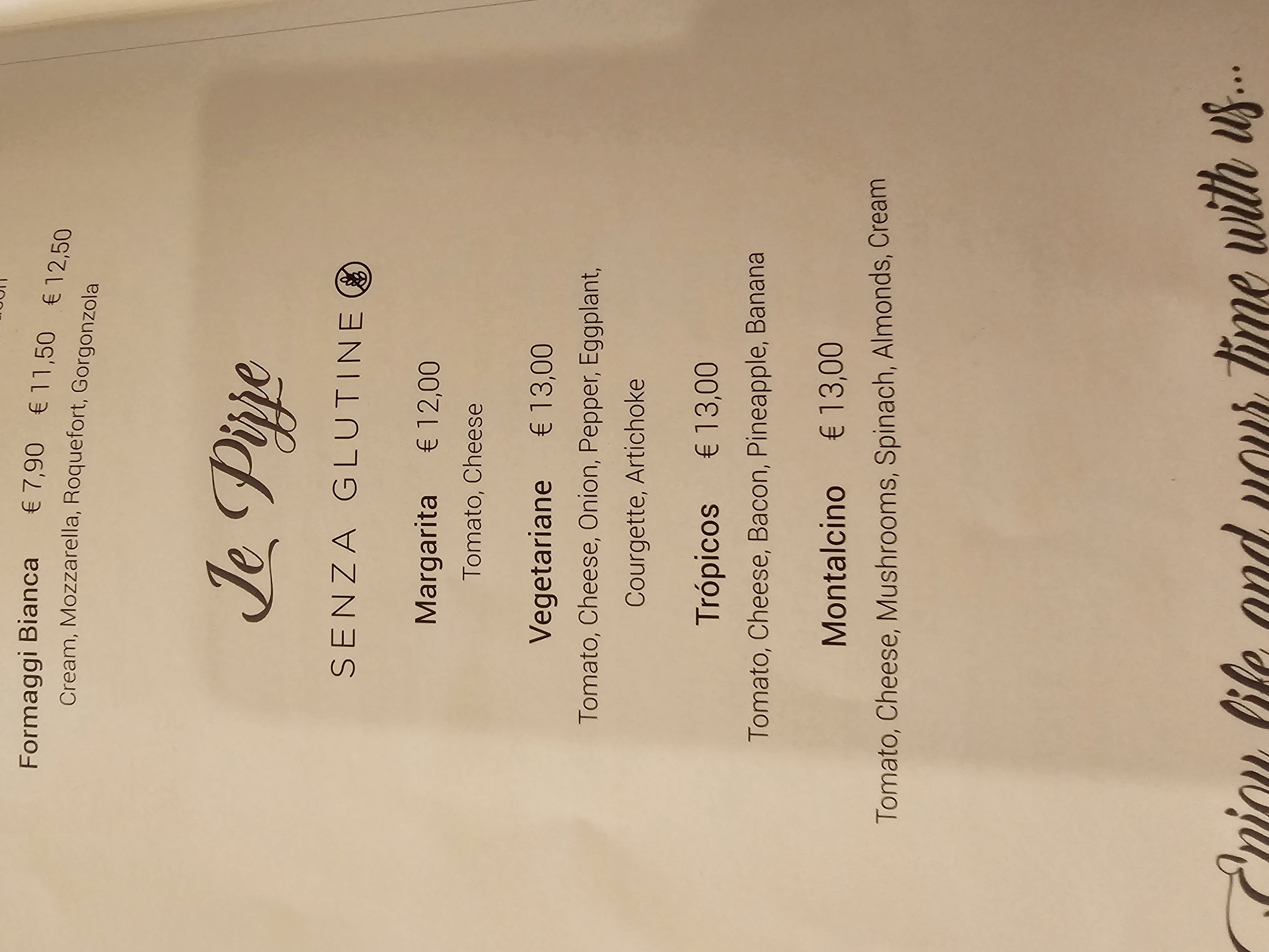 Gluten free pizza menu at Pizza na Pedra restaurant in Olhão Portugal