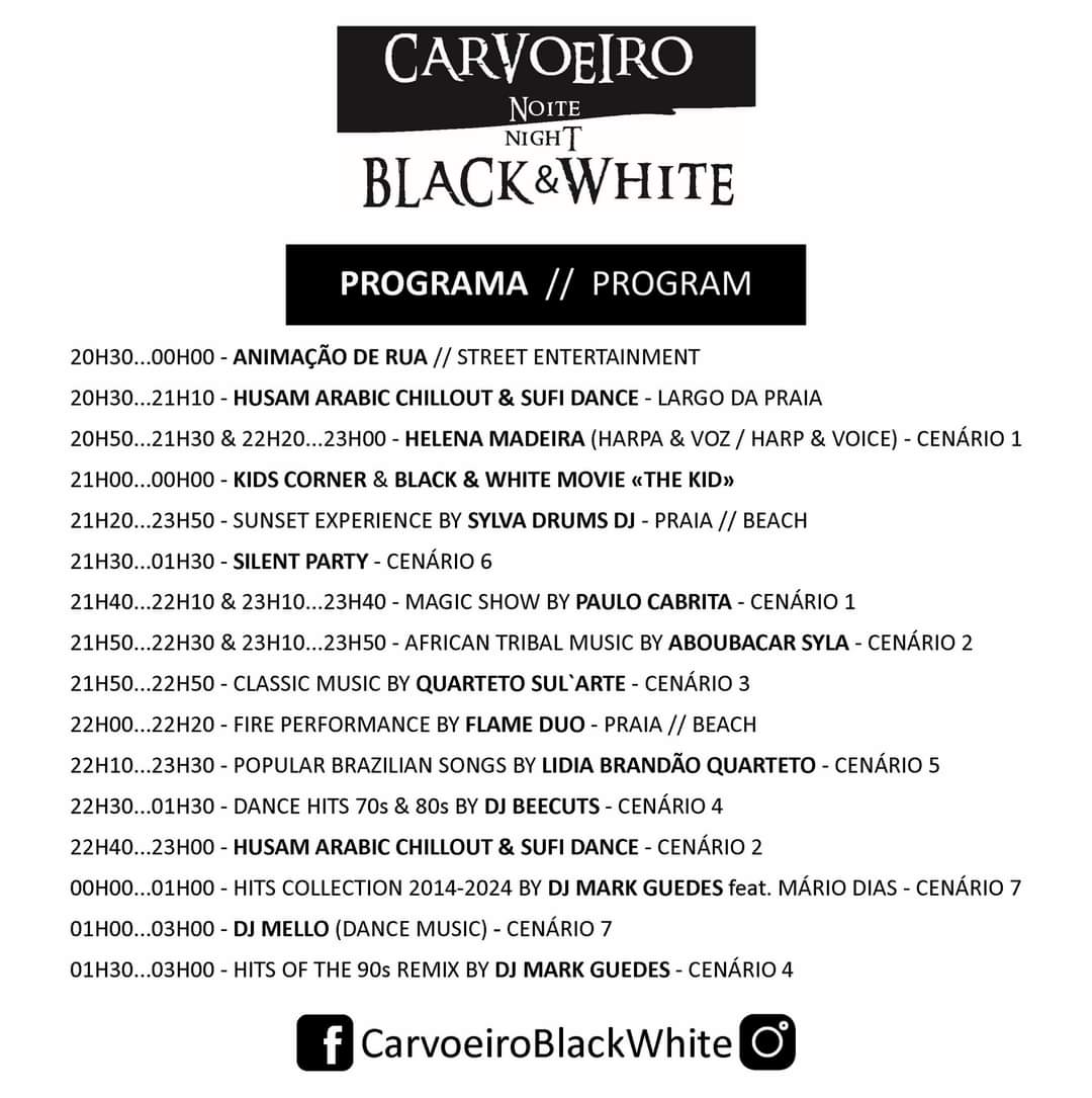 Official program for Carvoeiro Noite Black and White Night festival showing performance schedule across multiple stages