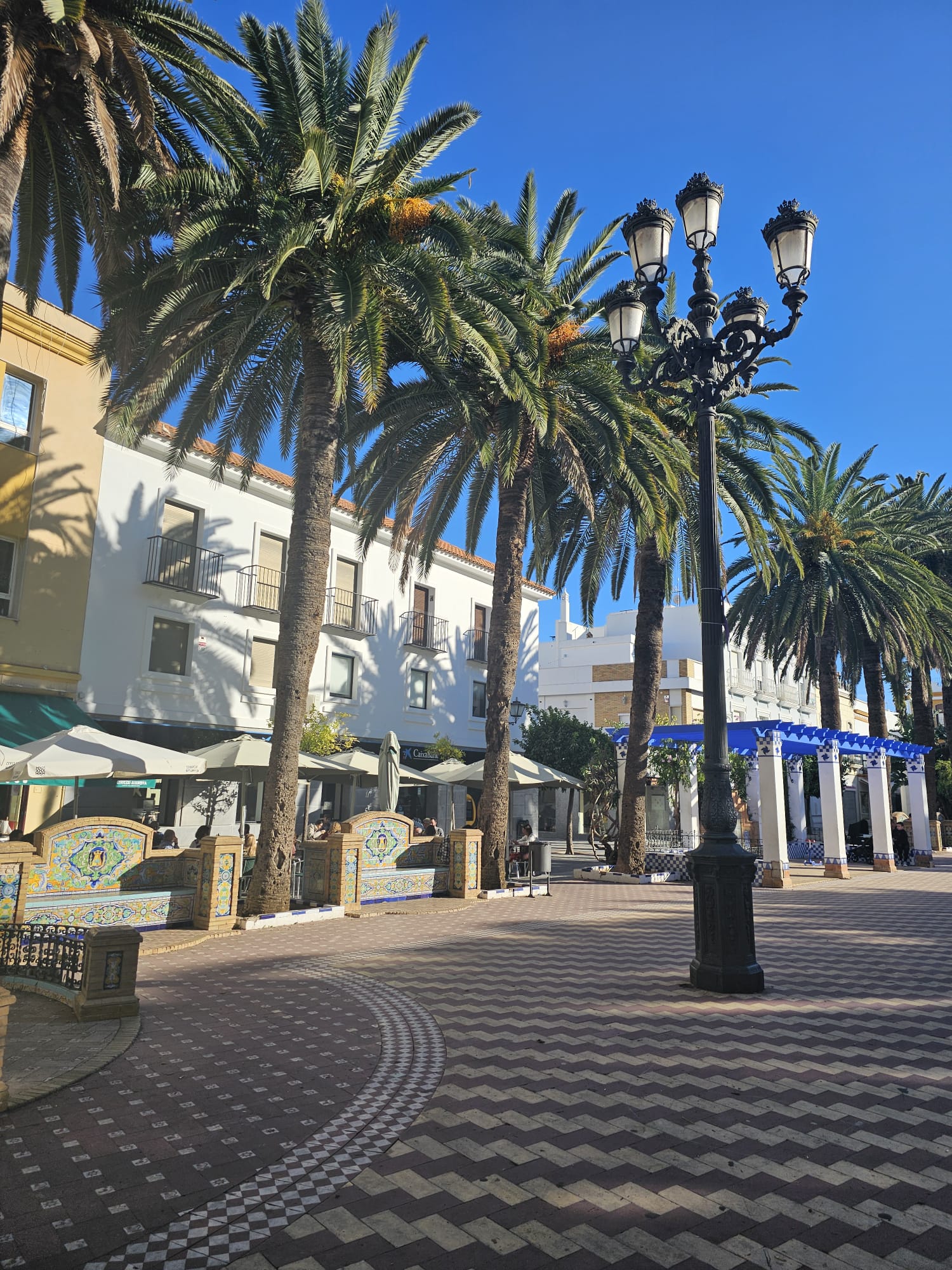 Palm tree lined Plaza de Laguna in Ayamonte Spain