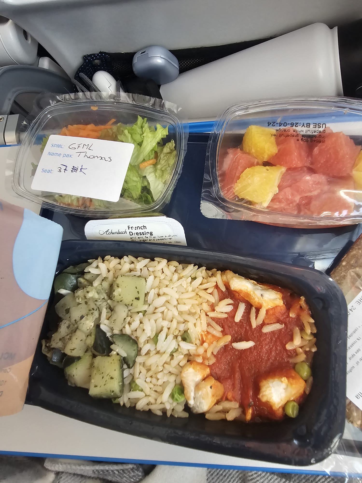 Gluten-free airline meal with rice, vegetables, and fruit served in plastic containers on a tray table during a long-haul flight