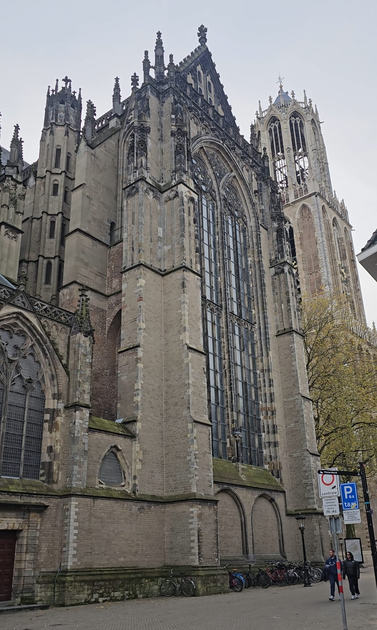 Imposing Gothic facade of Domkerk Cathedral with soaring stone buttresses and tall stained glass windows in Utrecht, Netherlands