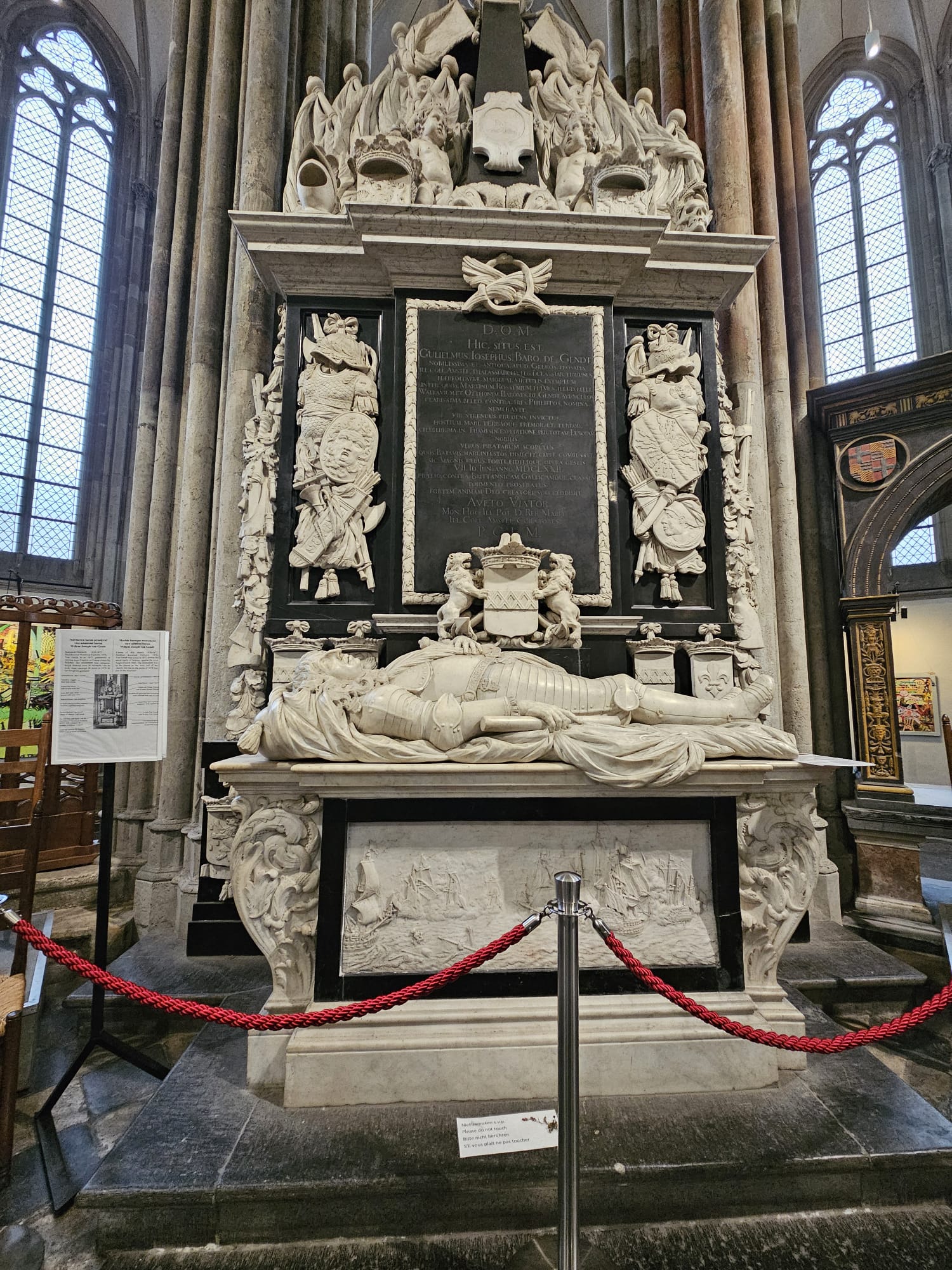 Elaborate 17th century stone tomb of Admiral Van Gendt with sculpted figures inside Domkerk Cathedral, Utrecht