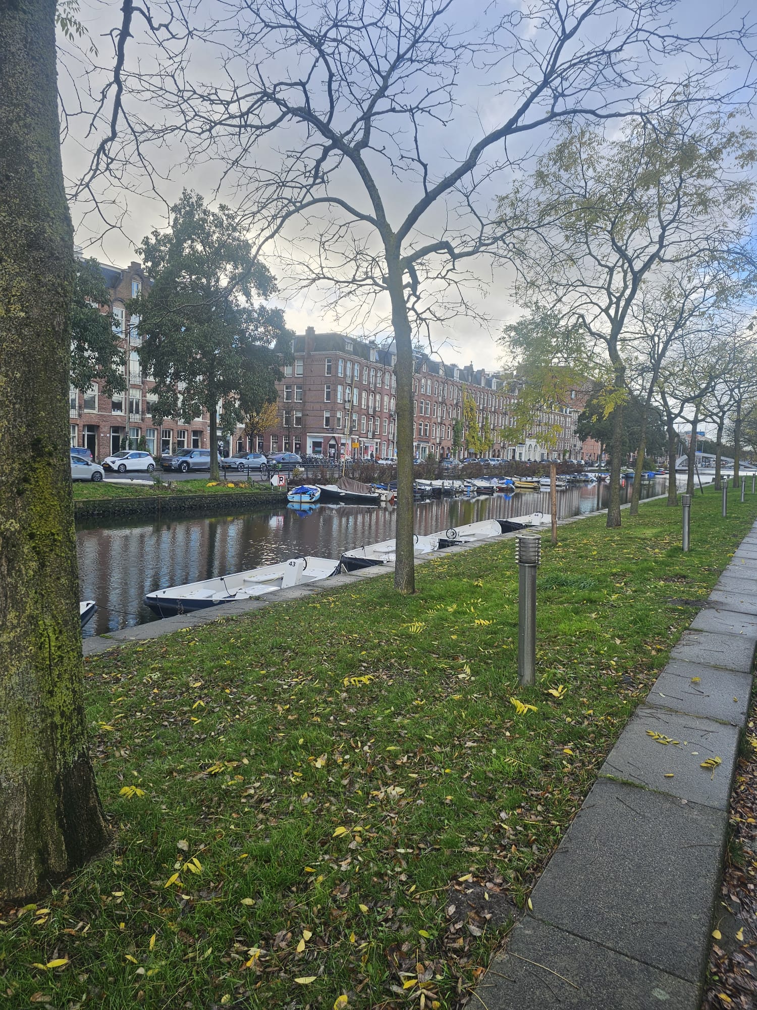 Tree-lined canal path with parked boats and autumn leaves at Westerpark in Amsterdam