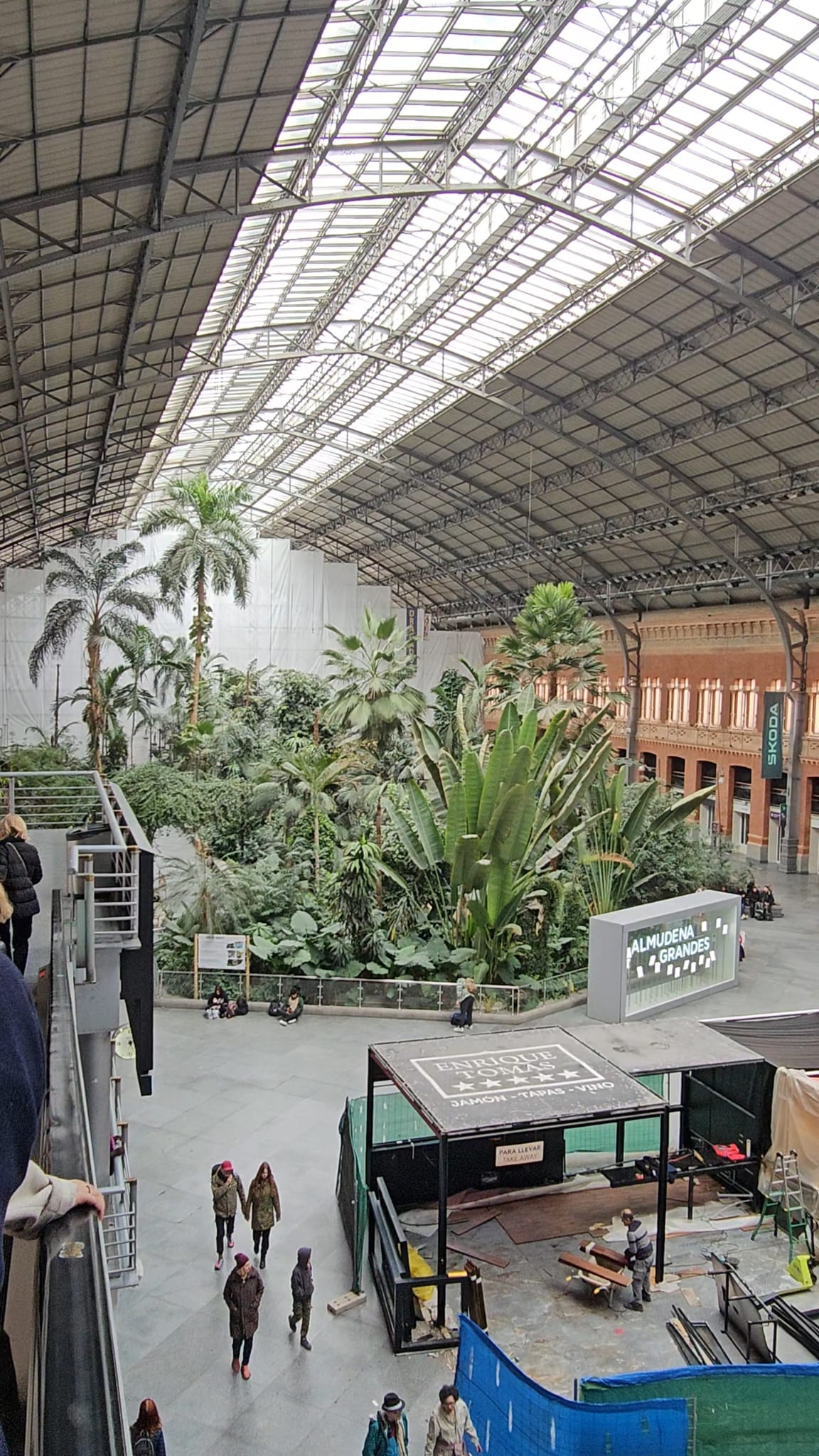 A large, open interior of the Atocha train station in Madrid, featuring a lush botanical garden with palm trees and various tropical plants under a high, glass-panelled roof. People are visible around the perimeter of the garden area. 