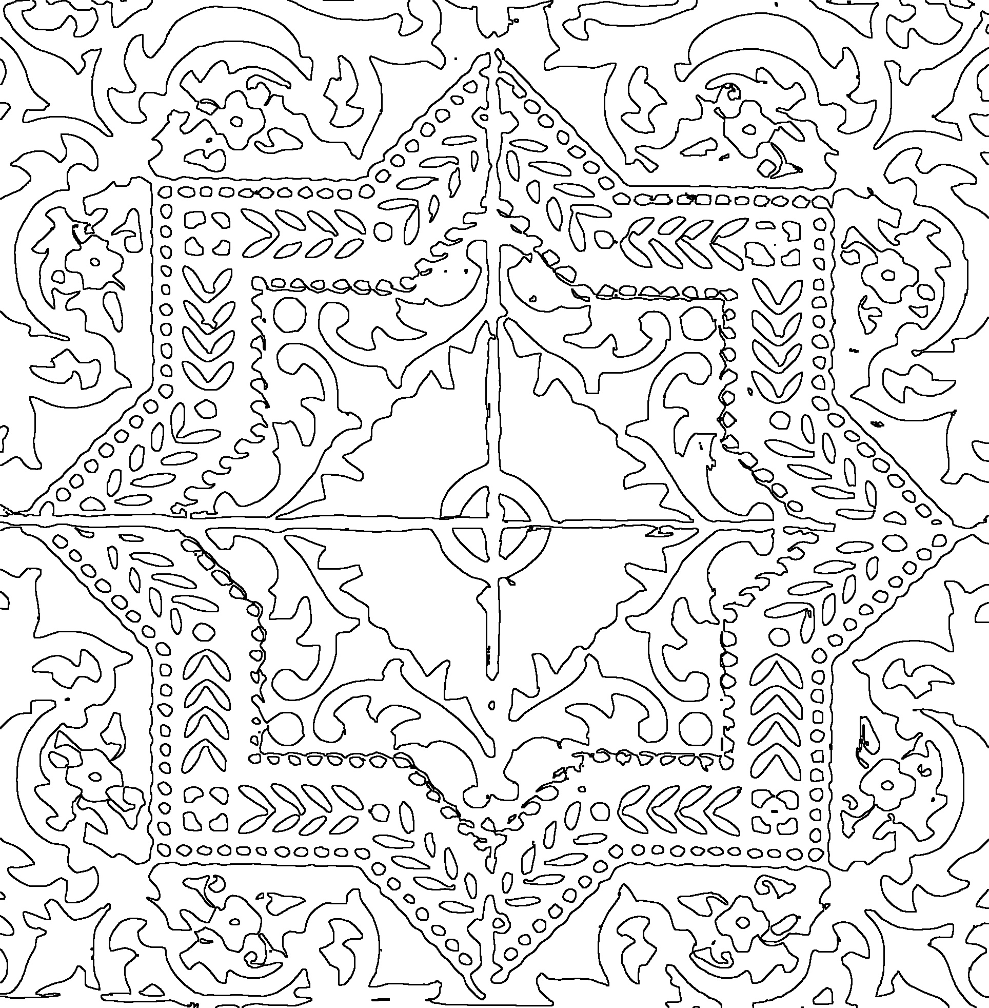 Lisbon tile converted to black and white.. An intricate black-and-white line drawing features a symmetrical, geometric pattern with floral and leaf motifs. The design includes a central star shape surrounded by ornate, swirling vines and dotted accents, creating a harmonious and decorative appearance.
